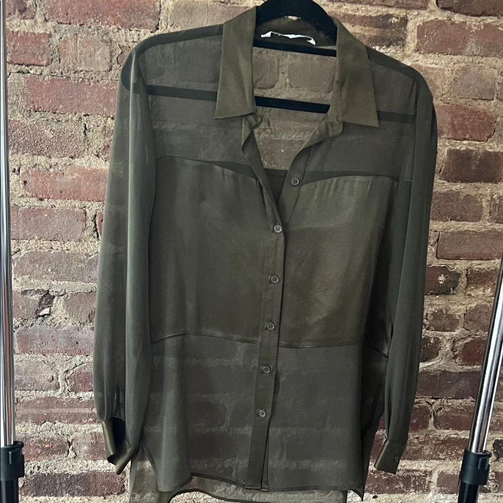 Zara Olive Green Sheer Button-Up Blouse - Picture 1 of 4